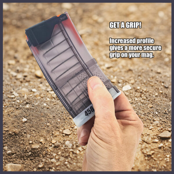 Baseplate showing increased profile give a more secure grip on your mag